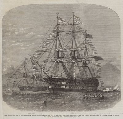 La mayoría de edad del Príncipe de Gales celebrada en la Bahía de Nápoles, Su Alteza Real, con el Príncipe y la Princesa de Prusia, abordando el Londres, el 9 del presente mes de Edwin Weedon